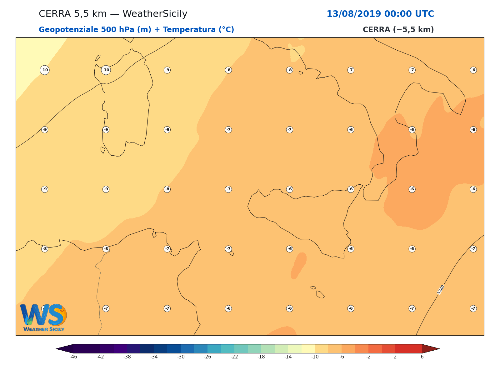 Geopotenziale 500 hPa + Temperatura · 2019081300