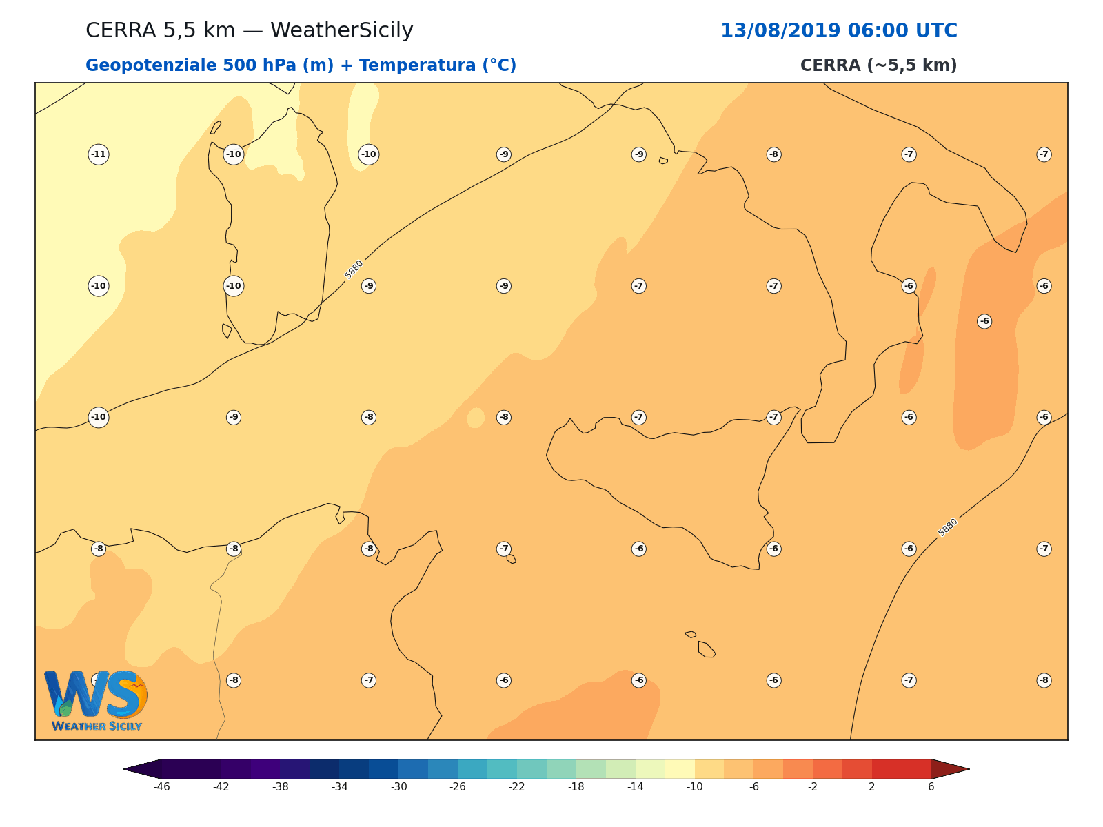 Geopotenziale 500 hPa + Temperatura · 2019081306