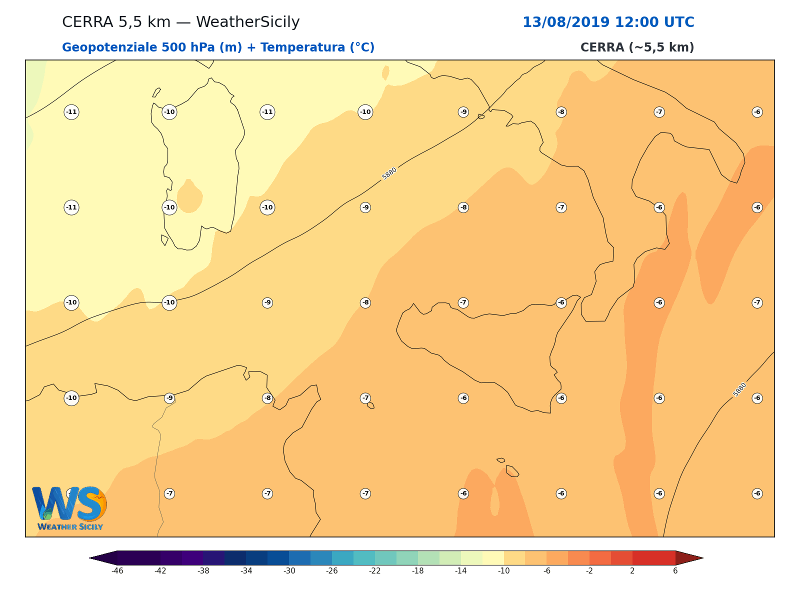 Geopotenziale 500 hPa + Temperatura · 2019081312