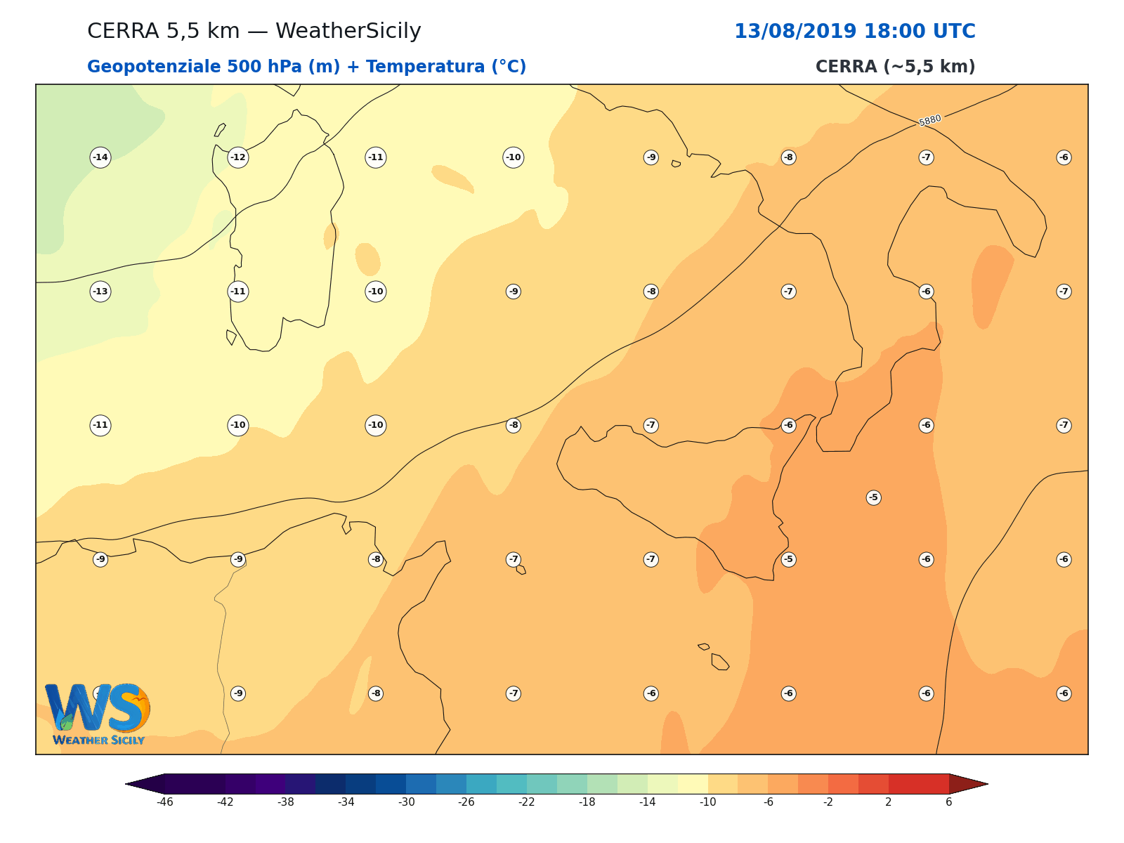 Geopotenziale 500 hPa + Temperatura · 2019081318
