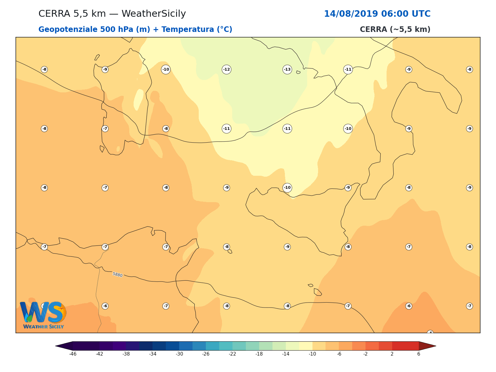 Geopotenziale 500 hPa + Temperatura · 2019081406