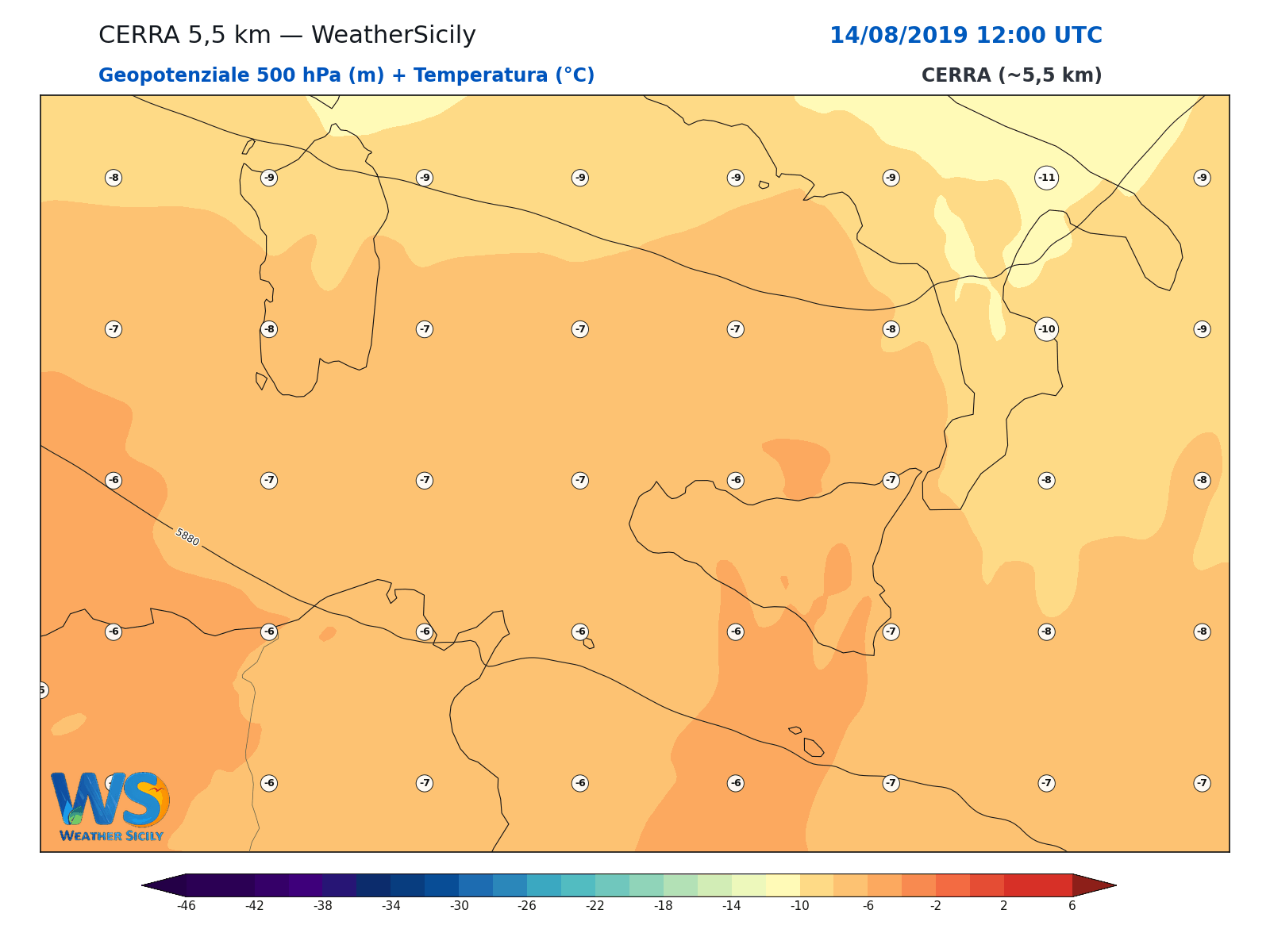 Geopotenziale 500 hPa + Temperatura · 2019081412