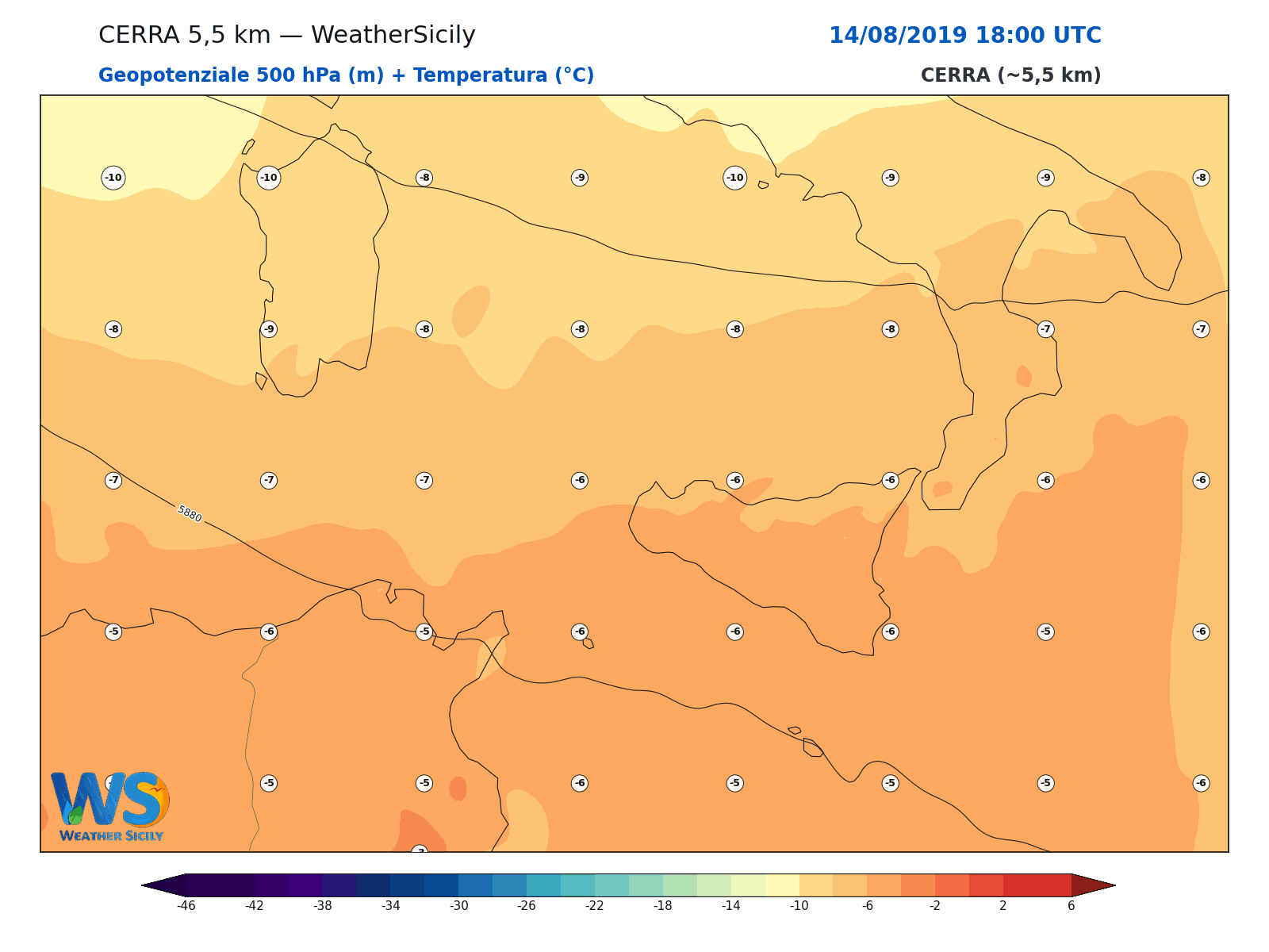 Geopotenziale 500 hPa + Temperatura · 2019081418