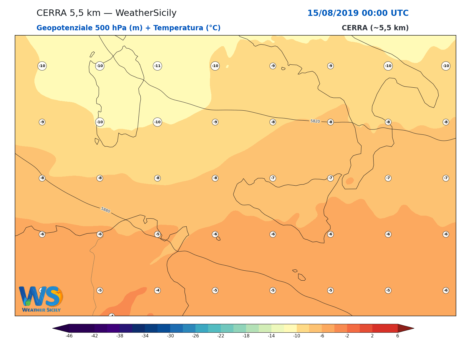 Geopotenziale 500 hPa + Temperatura · 2019081500