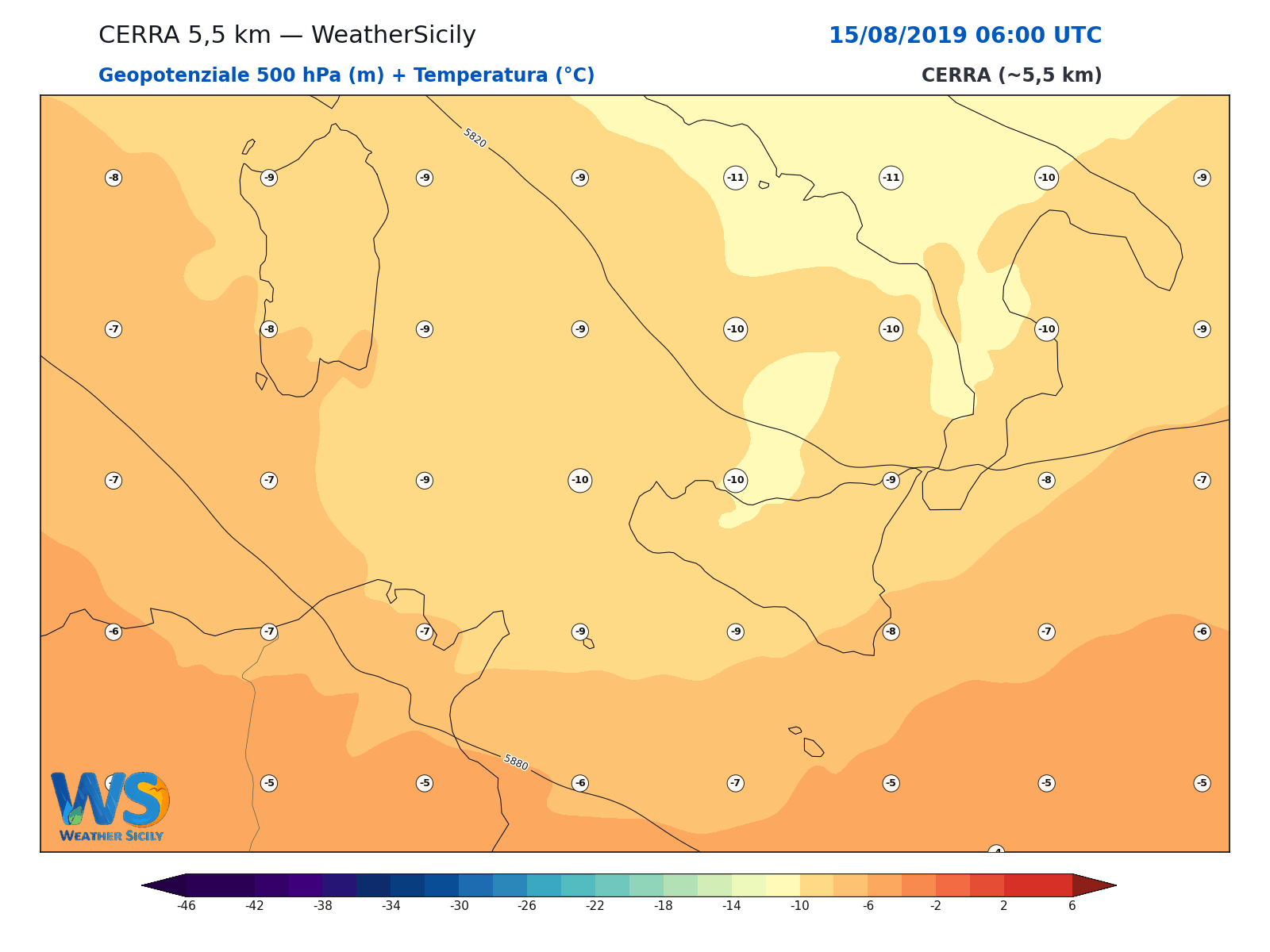 Geopotenziale 500 hPa + Temperatura · 2019081506
