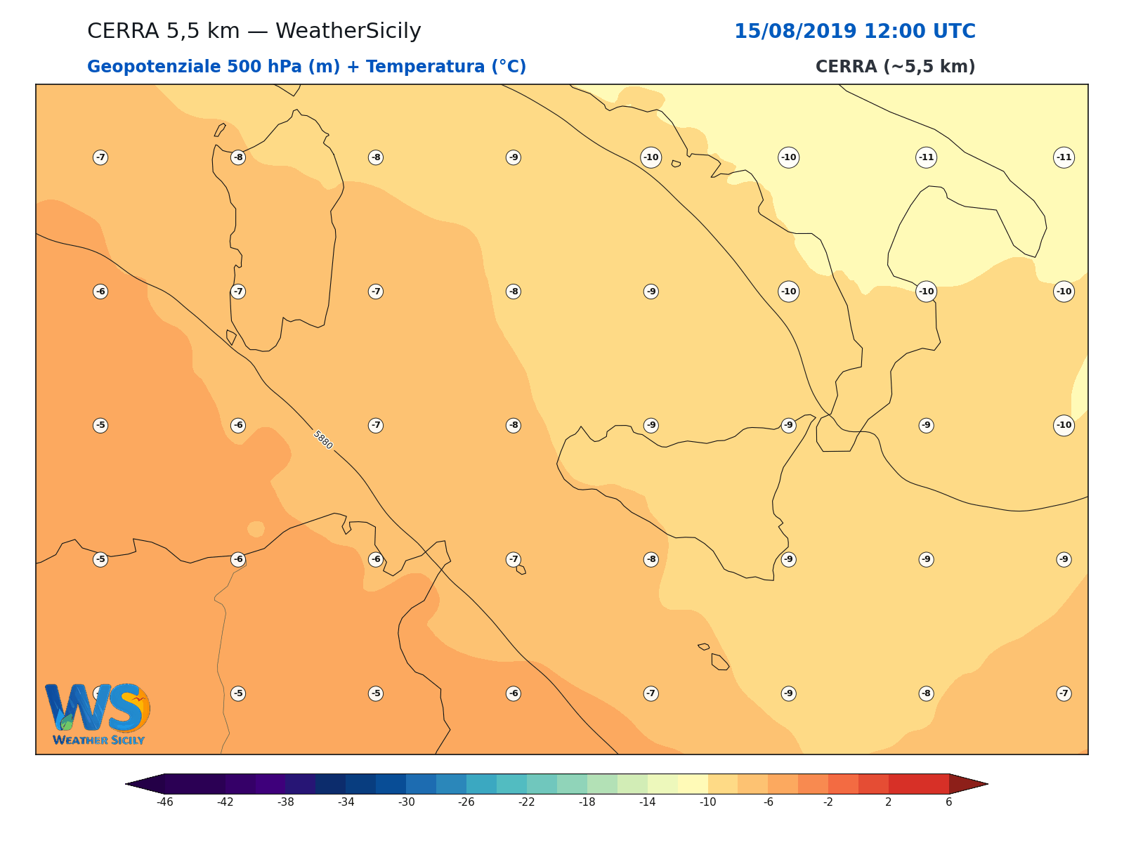 Geopotenziale 500 hPa + Temperatura · 2019081512