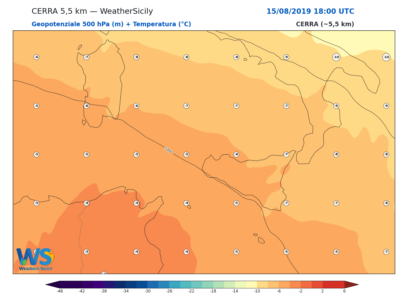 Geopotenziale 500 hPa + Temperatura · 2019081518