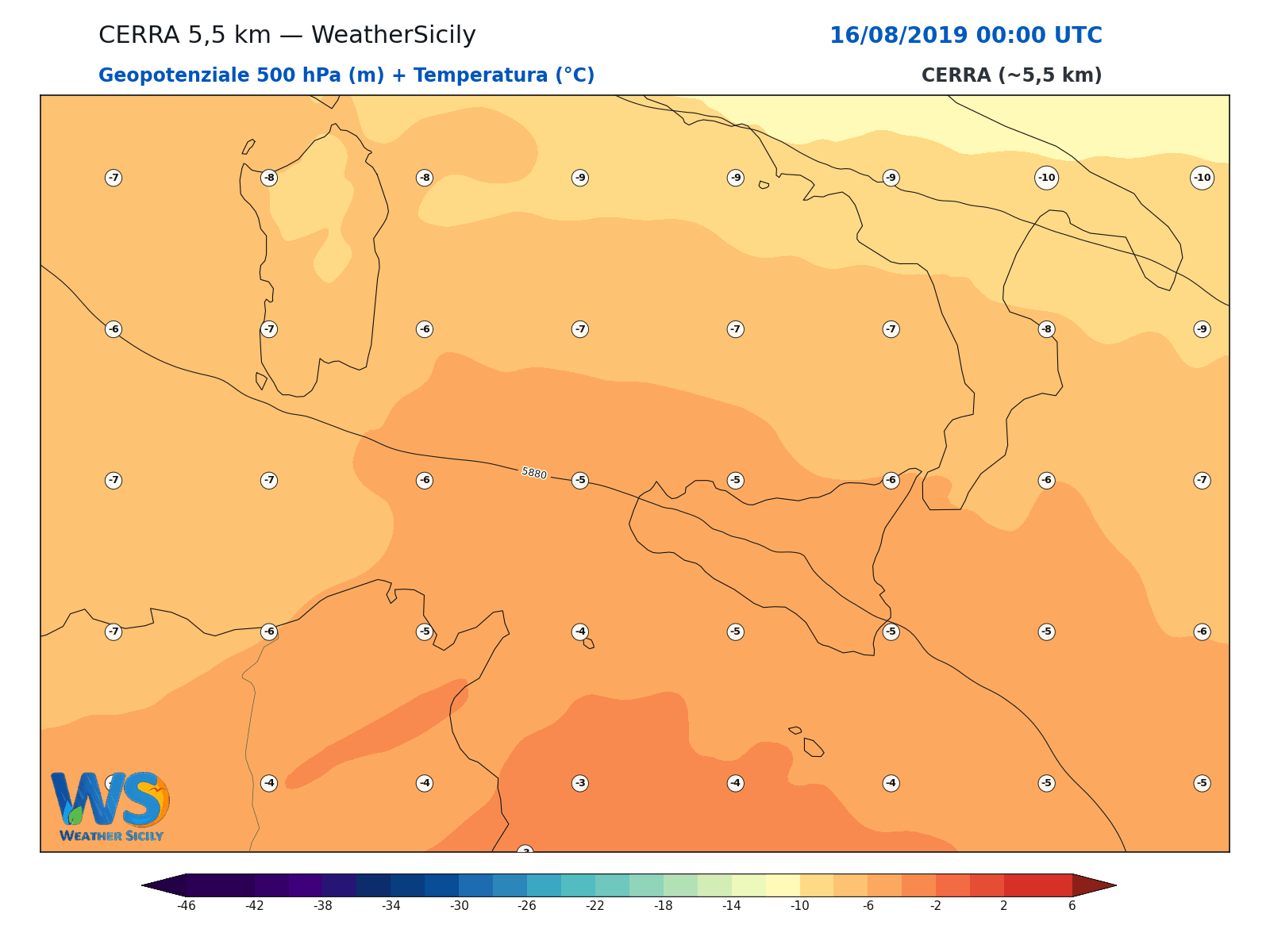 Geopotenziale 500 hPa + Temperatura · 2019081600