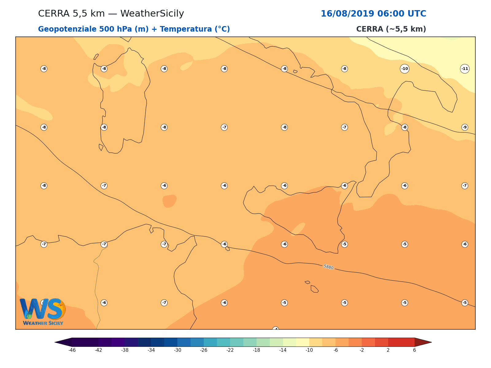 Geopotenziale 500 hPa + Temperatura · 2019081606