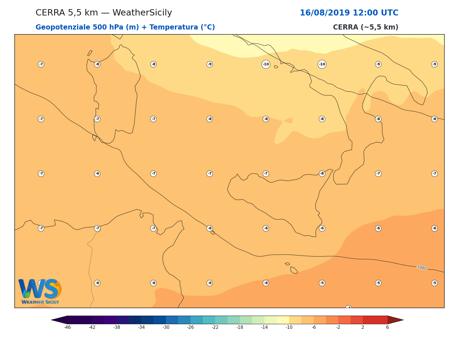 Geopotenziale 500 hPa + Temperatura · 2019081612