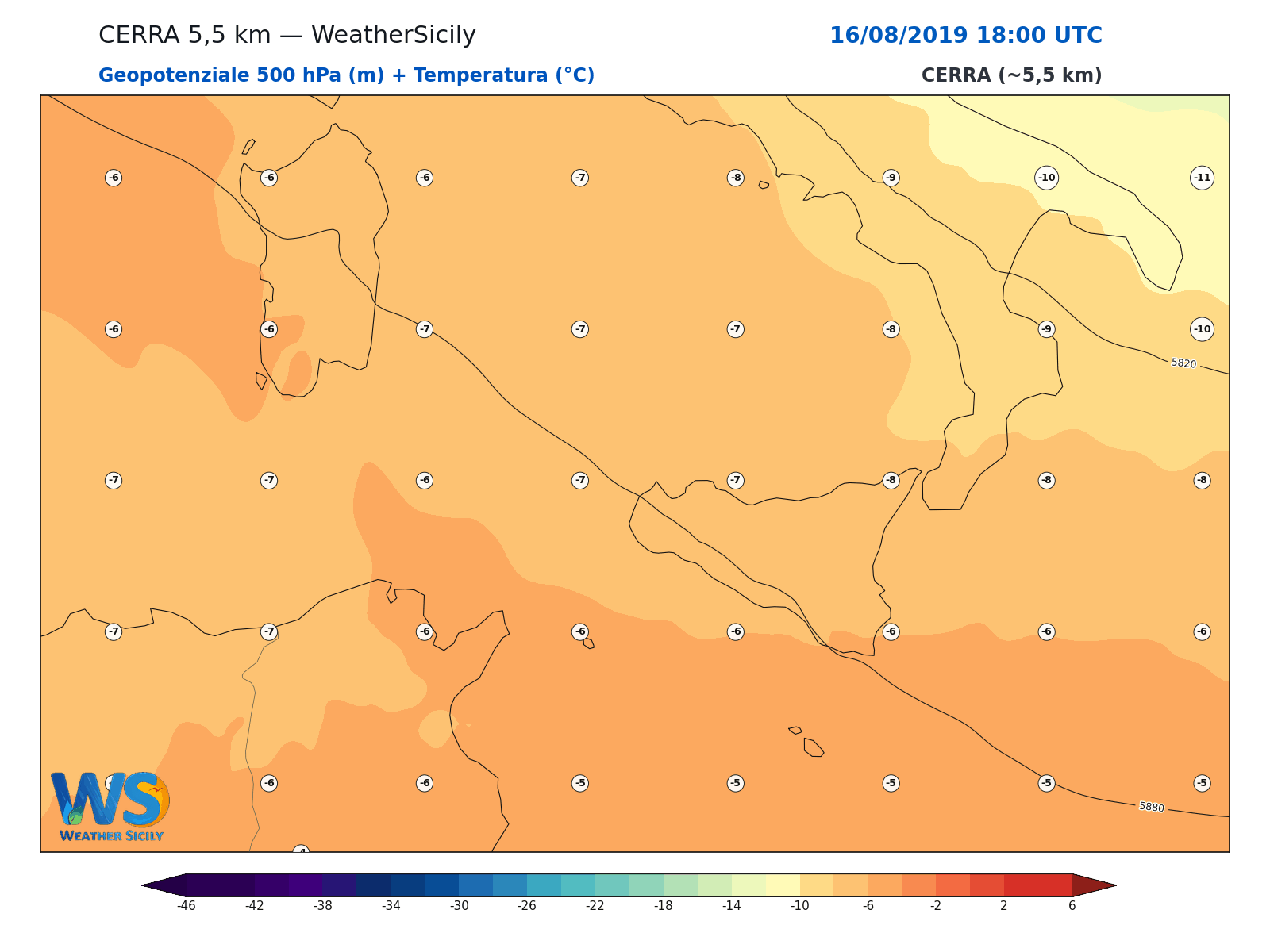 Geopotenziale 500 hPa + Temperatura · 2019081618