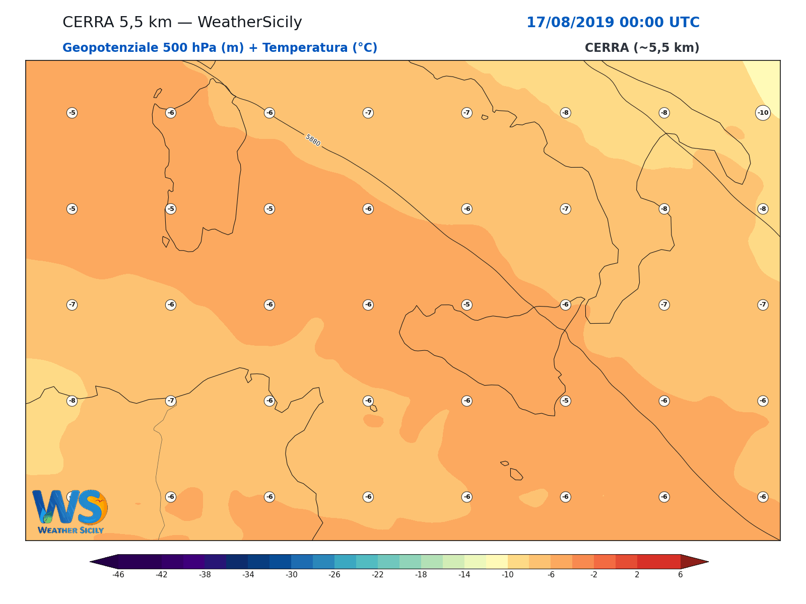 Geopotenziale 500 hPa + Temperatura · 2019081700