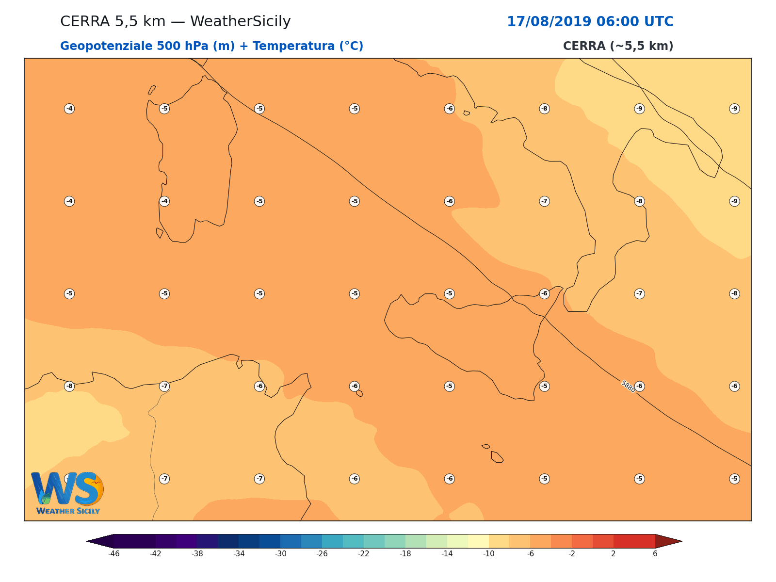 Geopotenziale 500 hPa + Temperatura · 2019081706