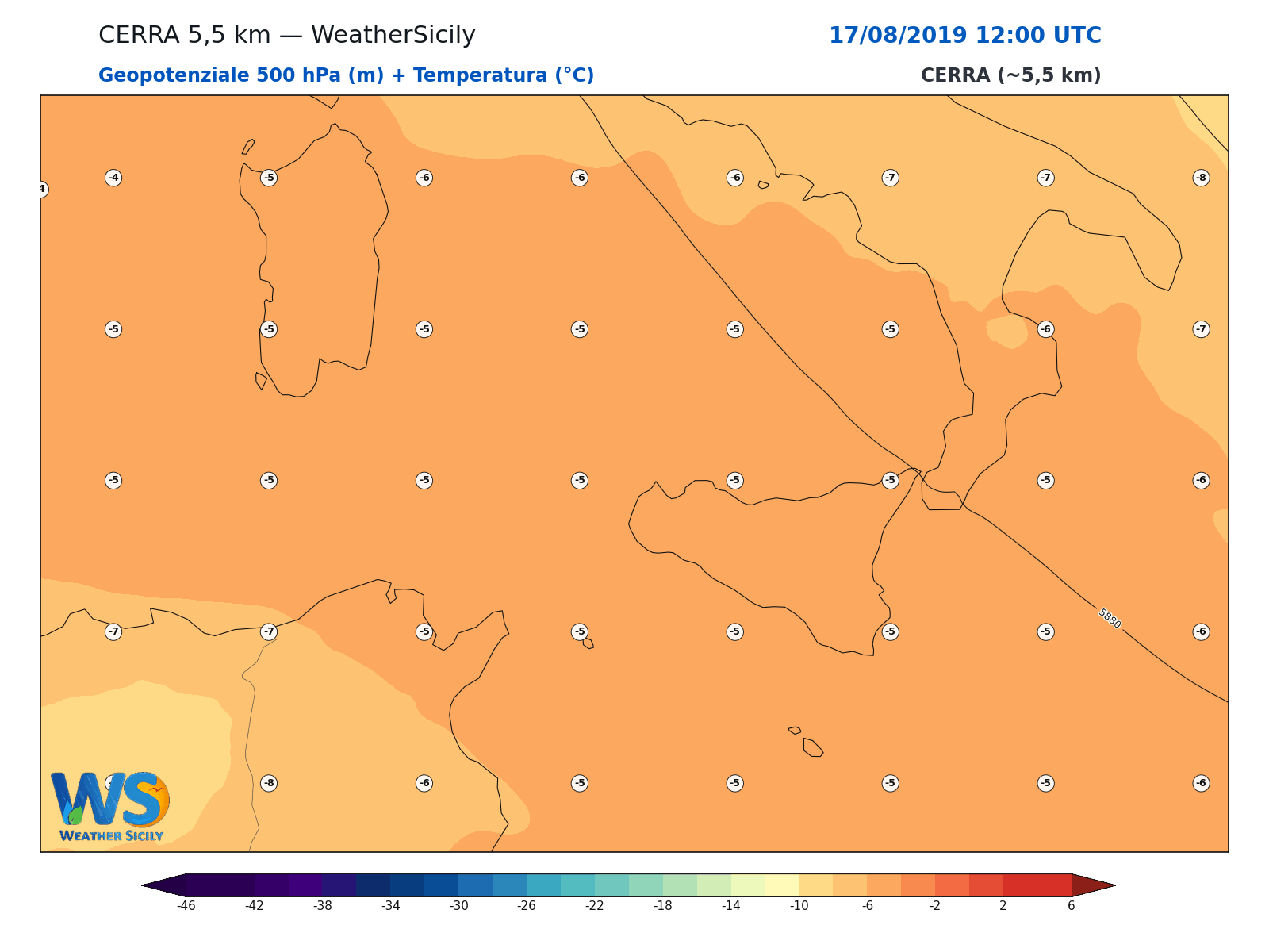 Geopotenziale 500 hPa + Temperatura · 2019081712