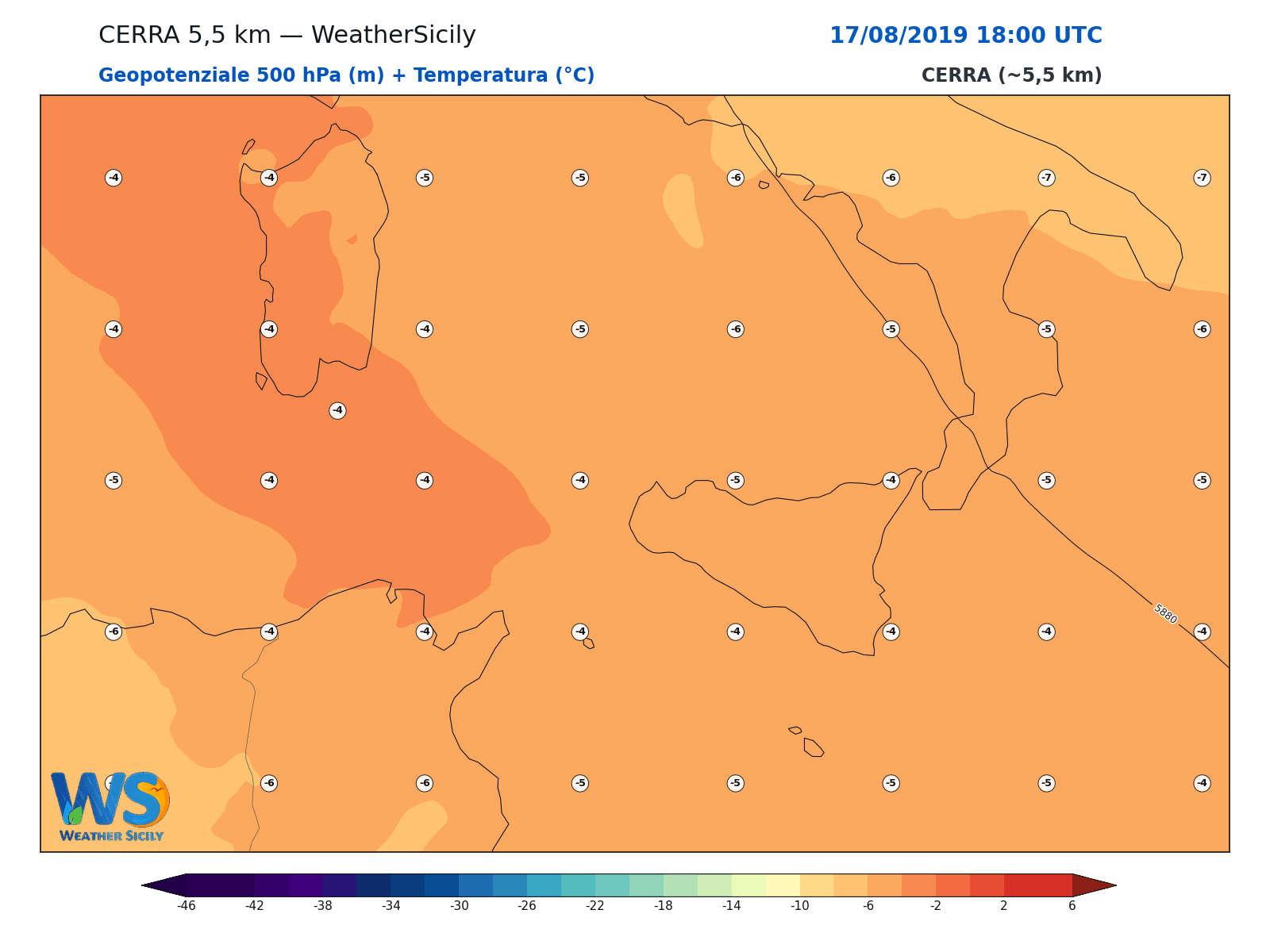Geopotenziale 500 hPa + Temperatura · 2019081718