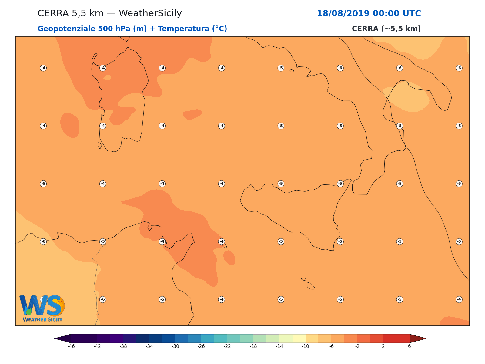 Geopotenziale 500 hPa + Temperatura · 2019081800