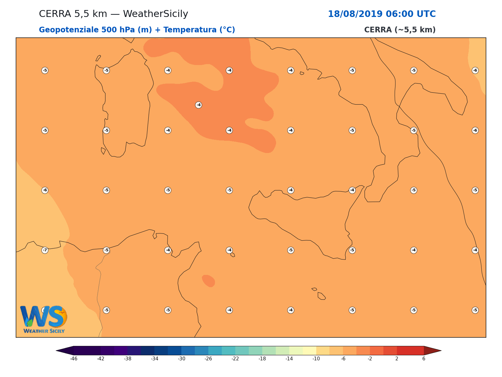 Geopotenziale 500 hPa + Temperatura · 2019081806