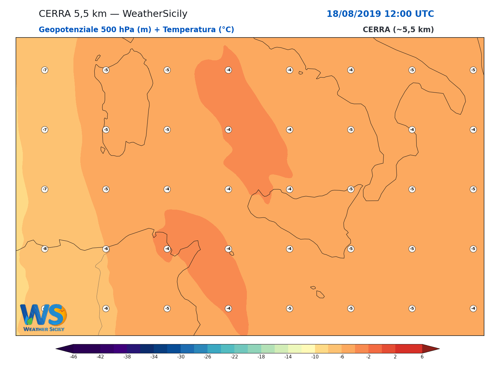 Geopotenziale 500 hPa + Temperatura · 2019081812