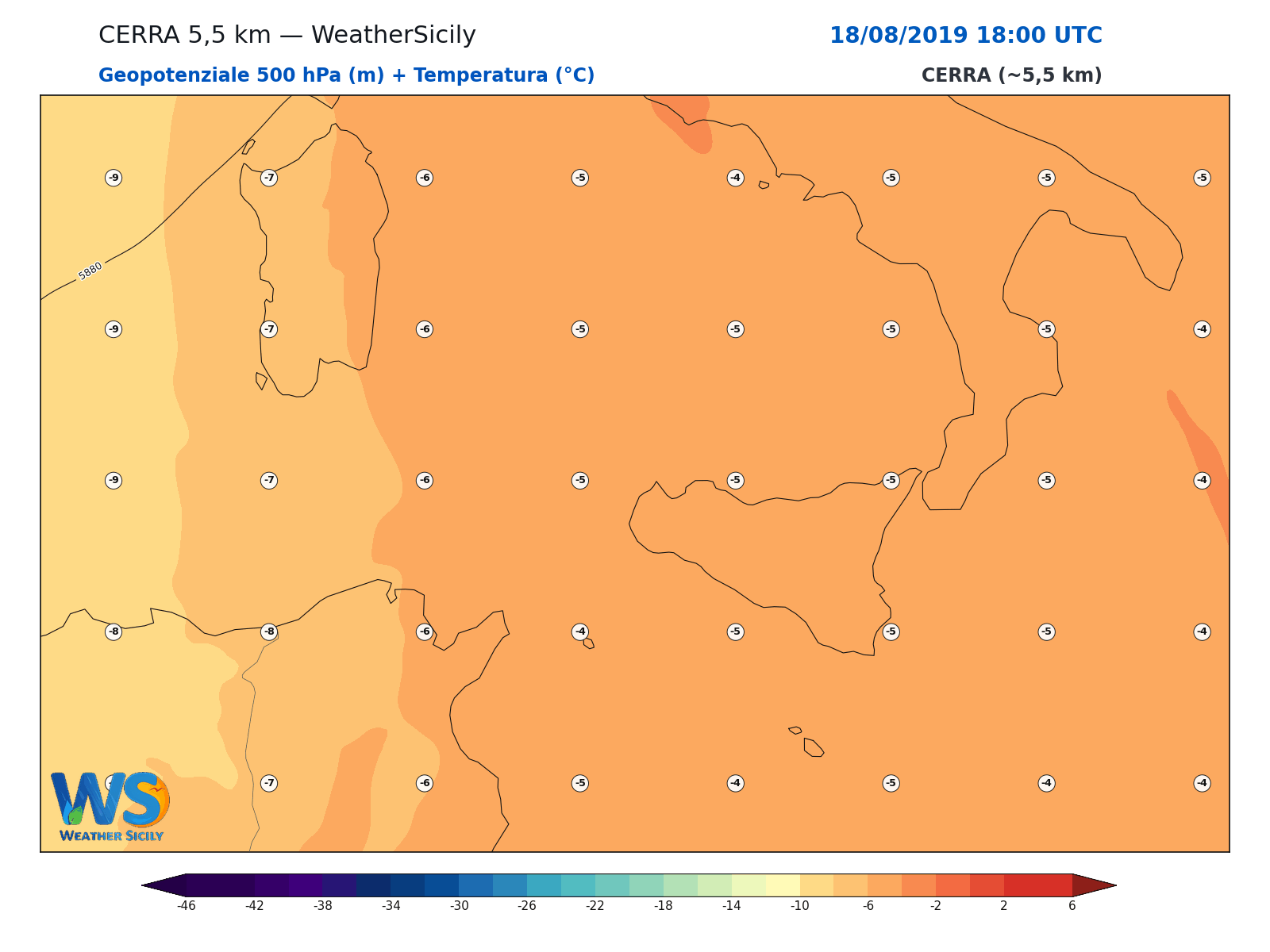 Geopotenziale 500 hPa + Temperatura · 2019081818