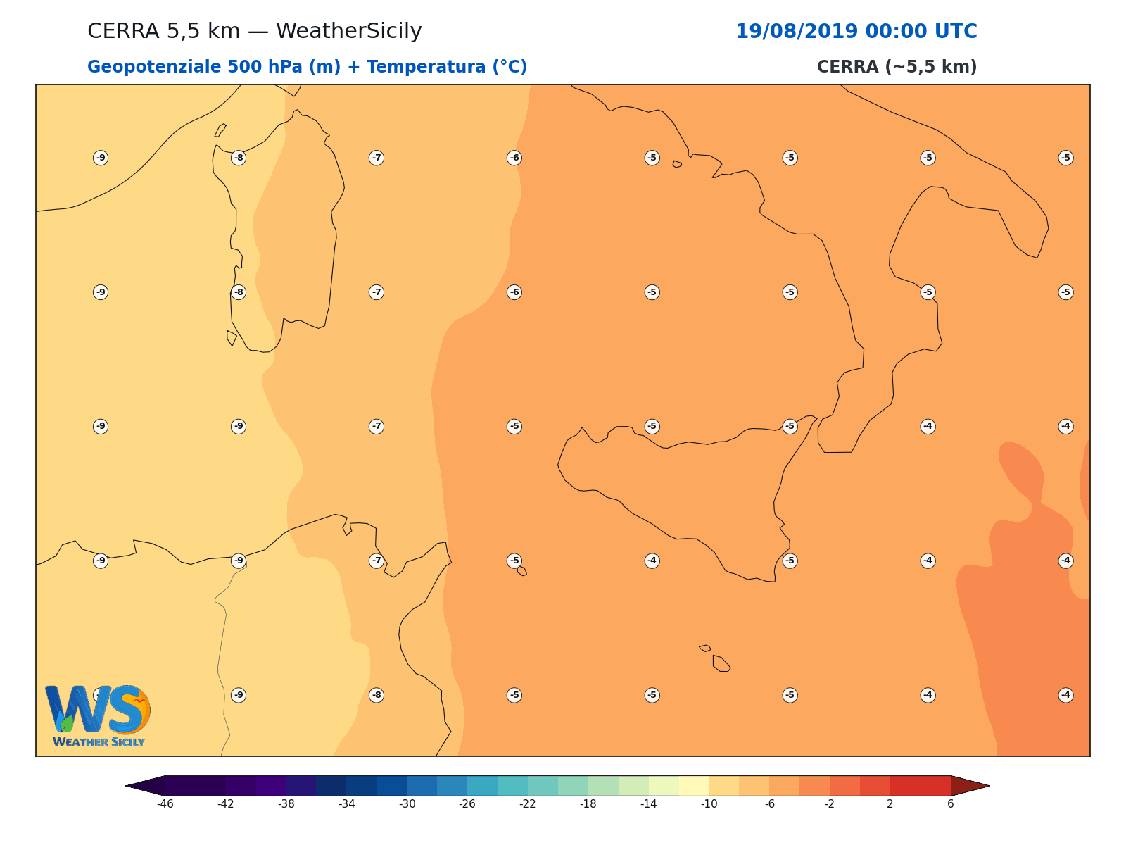 Geopotenziale 500 hPa + Temperatura · 2019081900