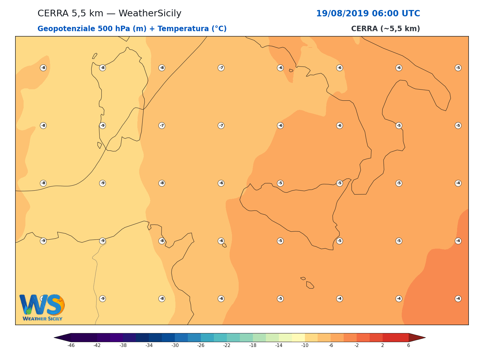 Geopotenziale 500 hPa + Temperatura · 2019081906