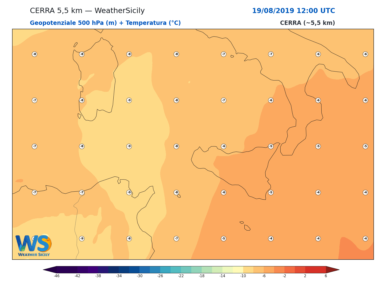 Geopotenziale 500 hPa + Temperatura · 2019081912