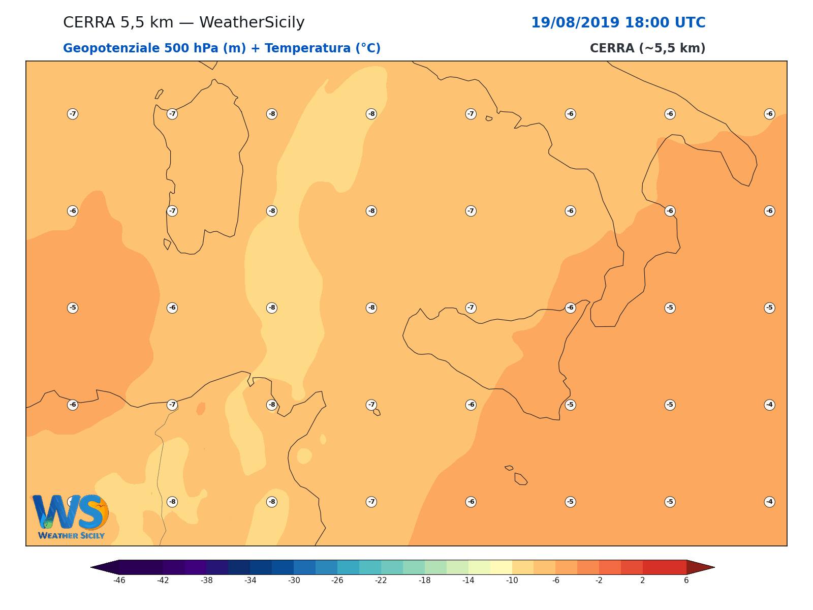 Geopotenziale 500 hPa + Temperatura · 2019081918