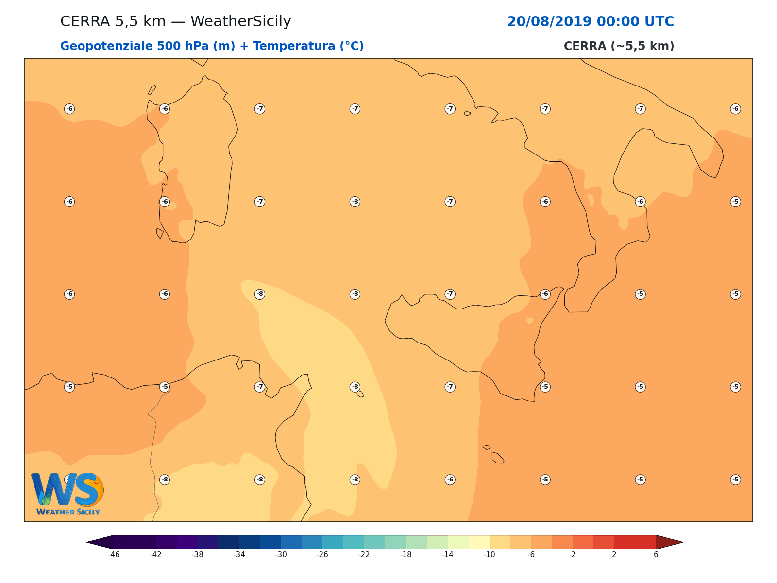 Geopotenziale 500 hPa + Temperatura · 2019082000