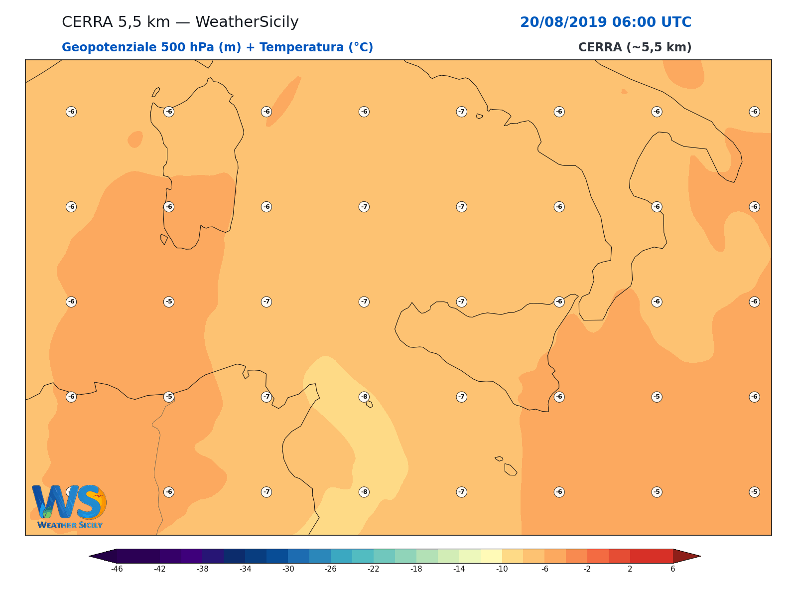 Geopotenziale 500 hPa + Temperatura · 2019082006