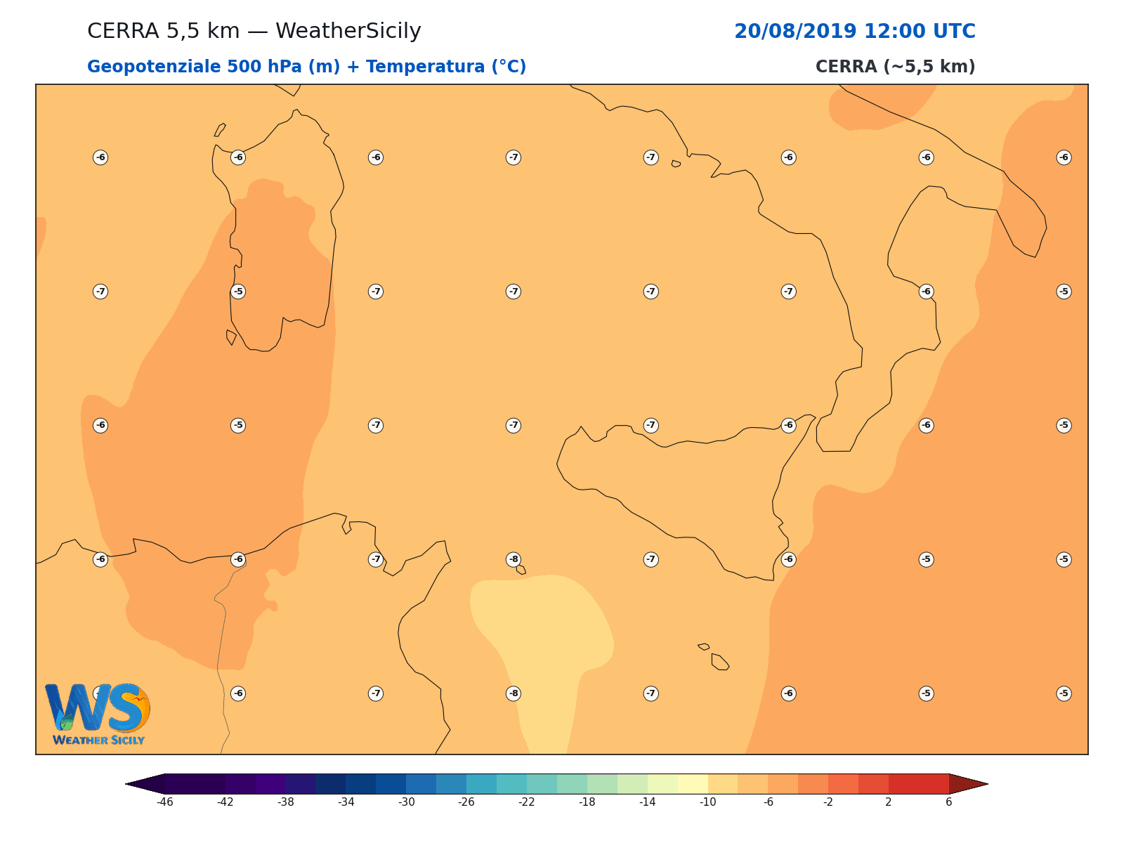 Geopotenziale 500 hPa + Temperatura · 2019082012