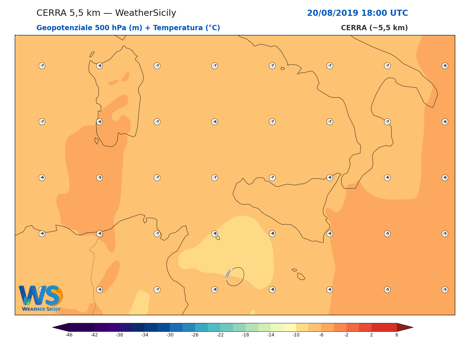 Geopotenziale 500 hPa + Temperatura · 2019082018