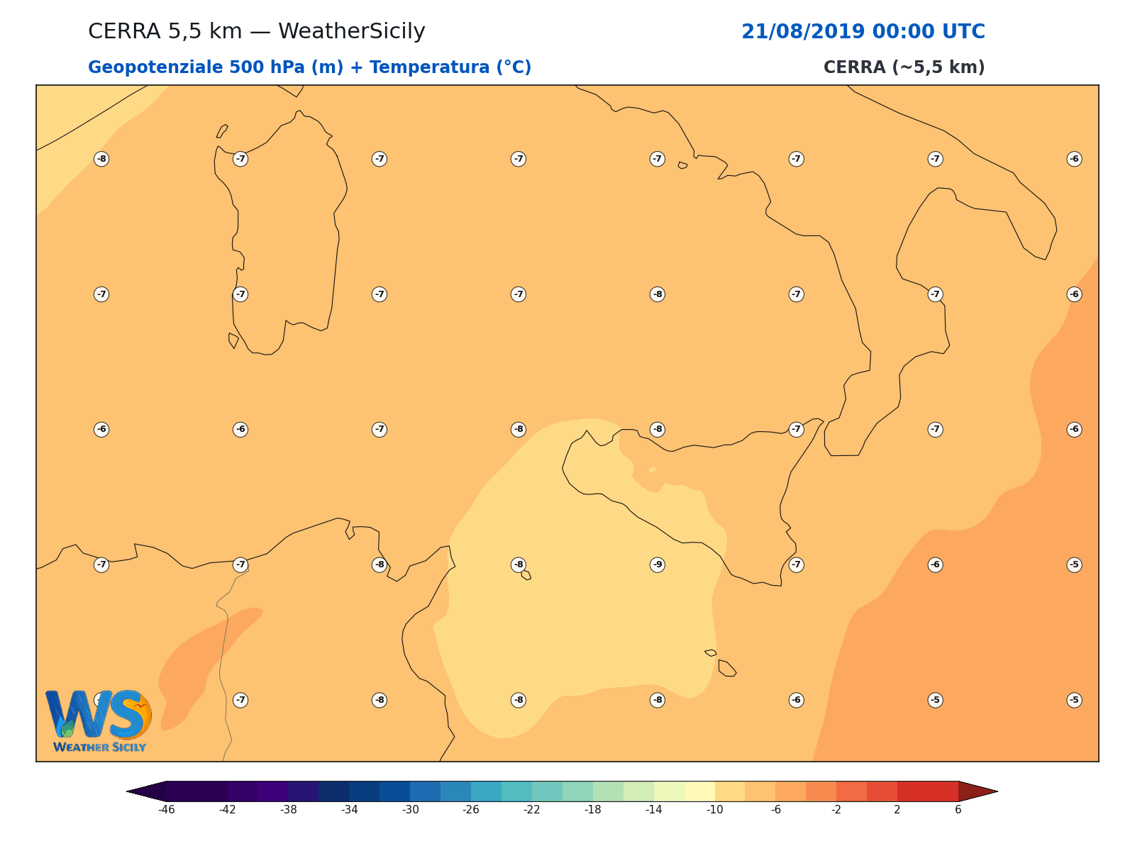Geopotenziale 500 hPa + Temperatura · 2019082100