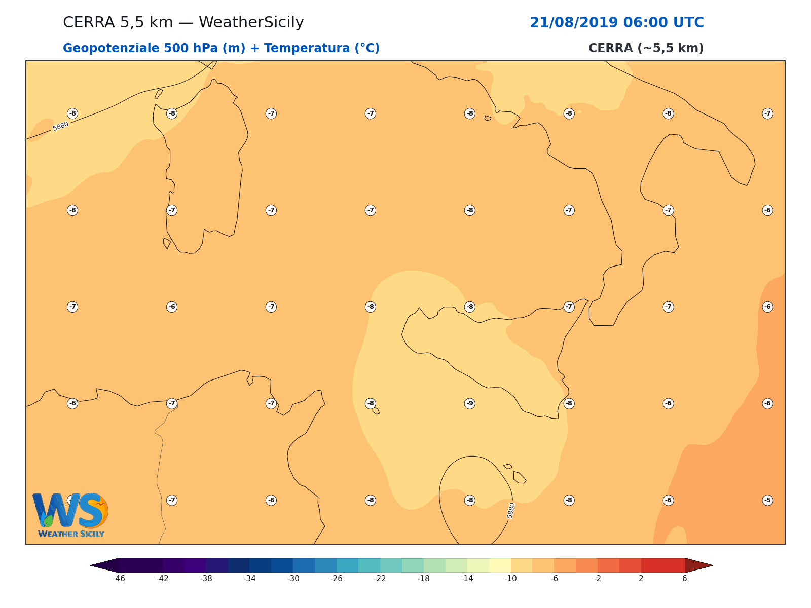 Geopotenziale 500 hPa + Temperatura · 2019082106