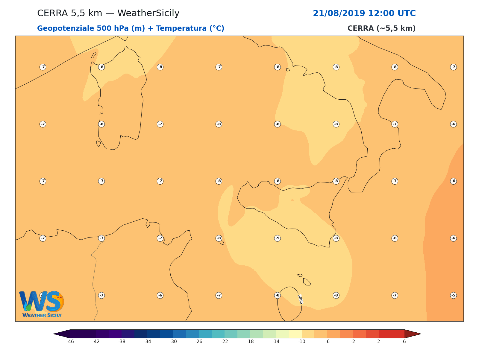 Geopotenziale 500 hPa + Temperatura · 2019082112