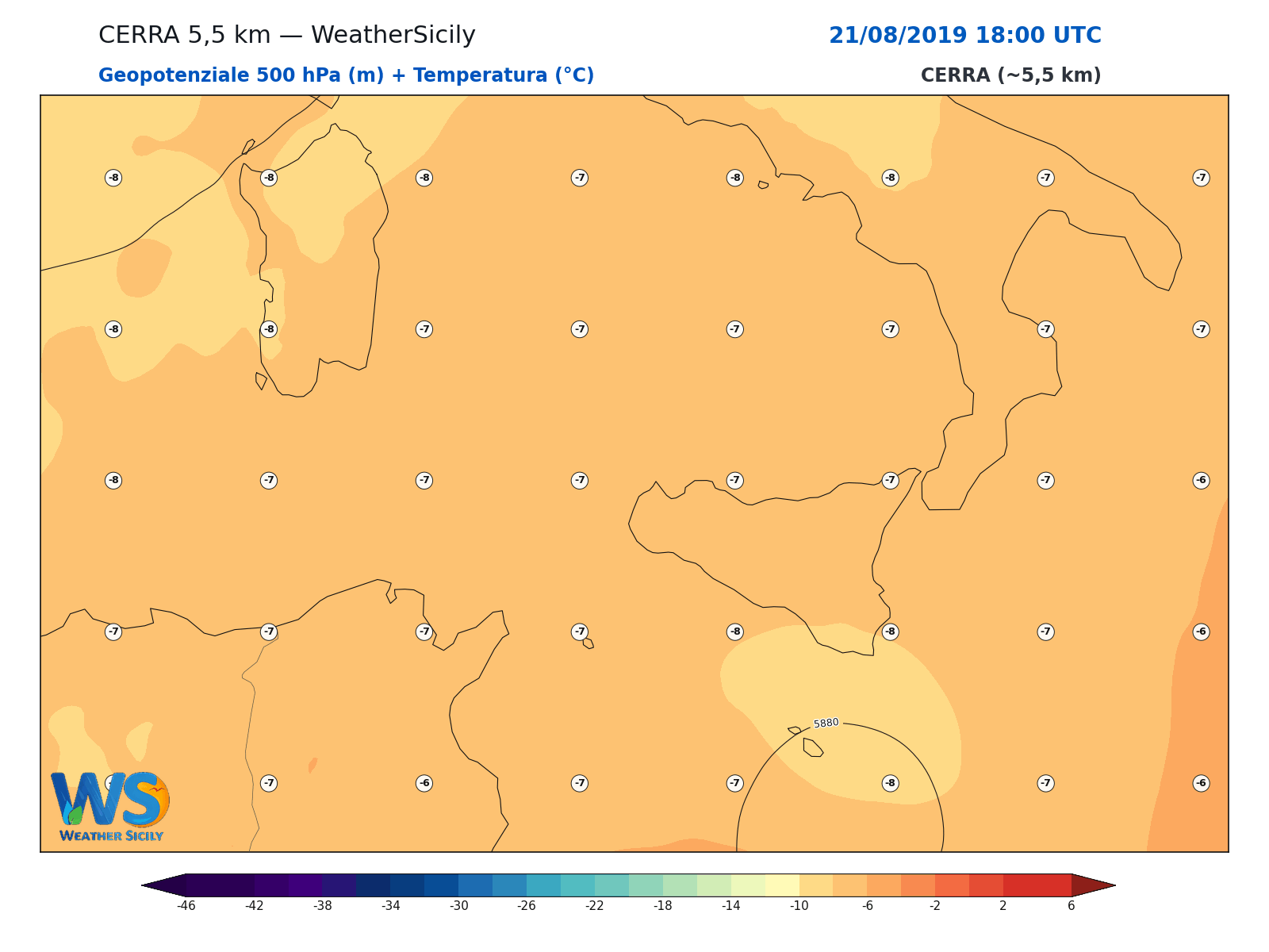 Geopotenziale 500 hPa + Temperatura · 2019082118