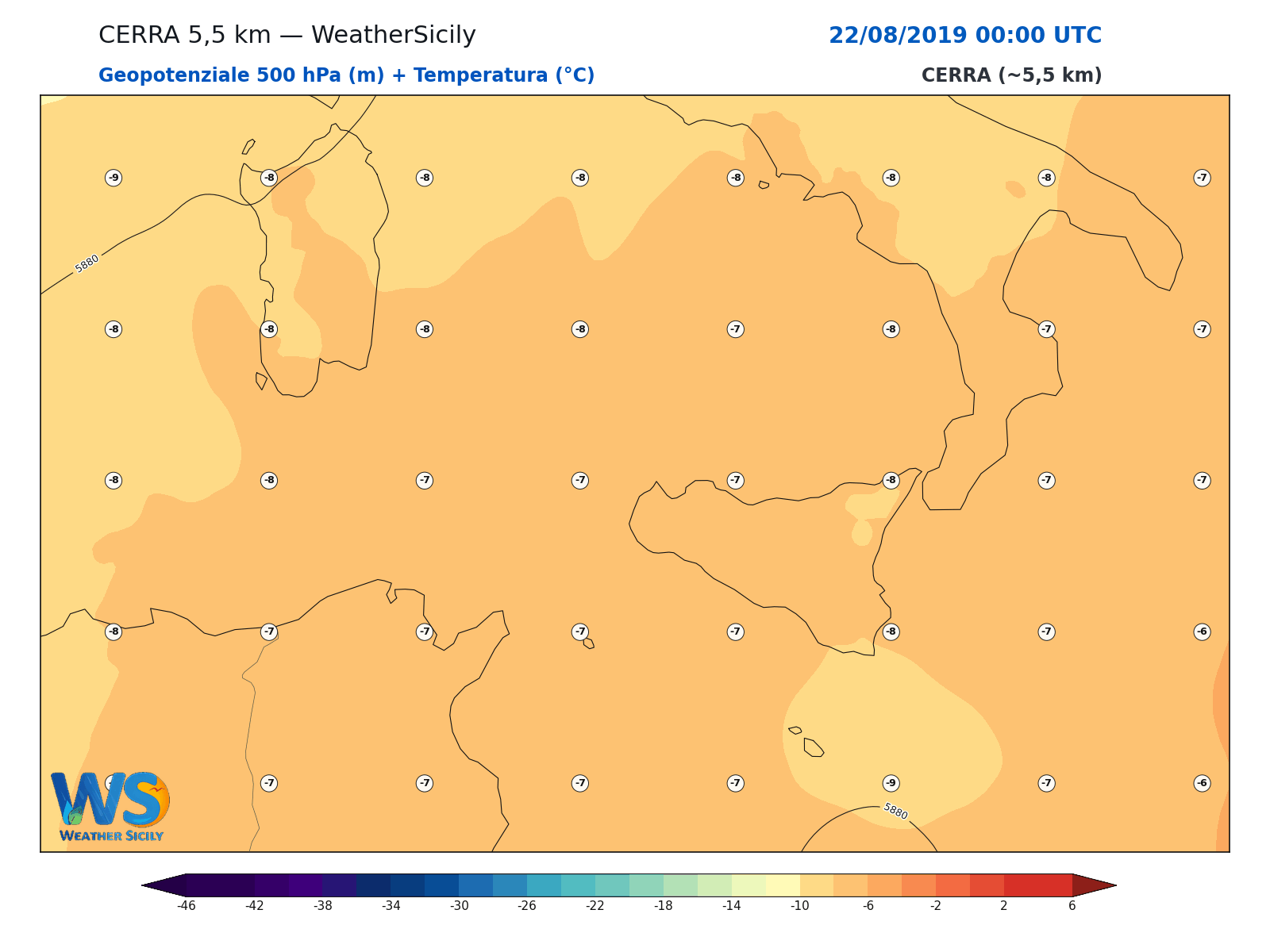 Geopotenziale 500 hPa + Temperatura · 2019082200