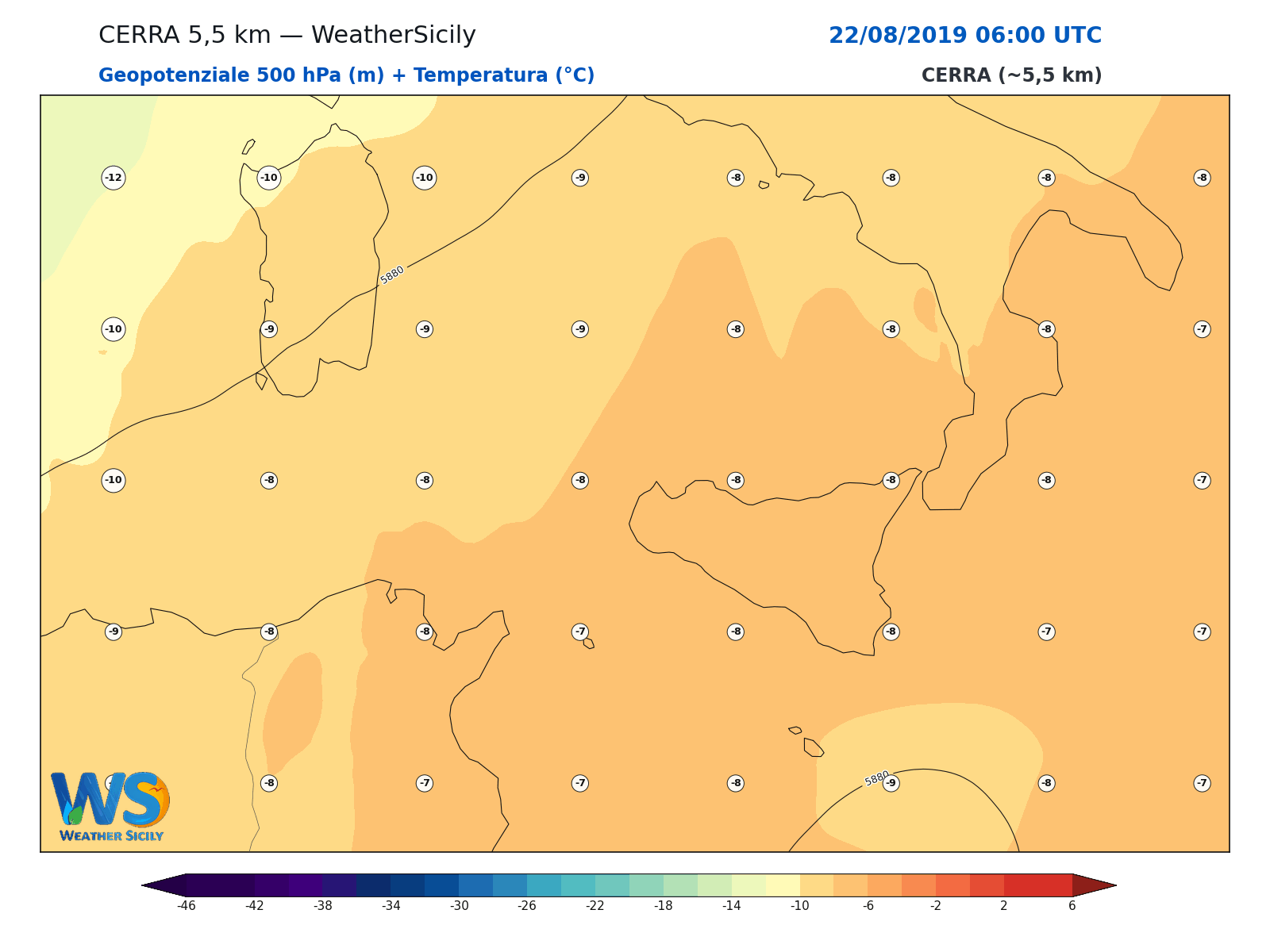 Geopotenziale 500 hPa + Temperatura · 2019082206