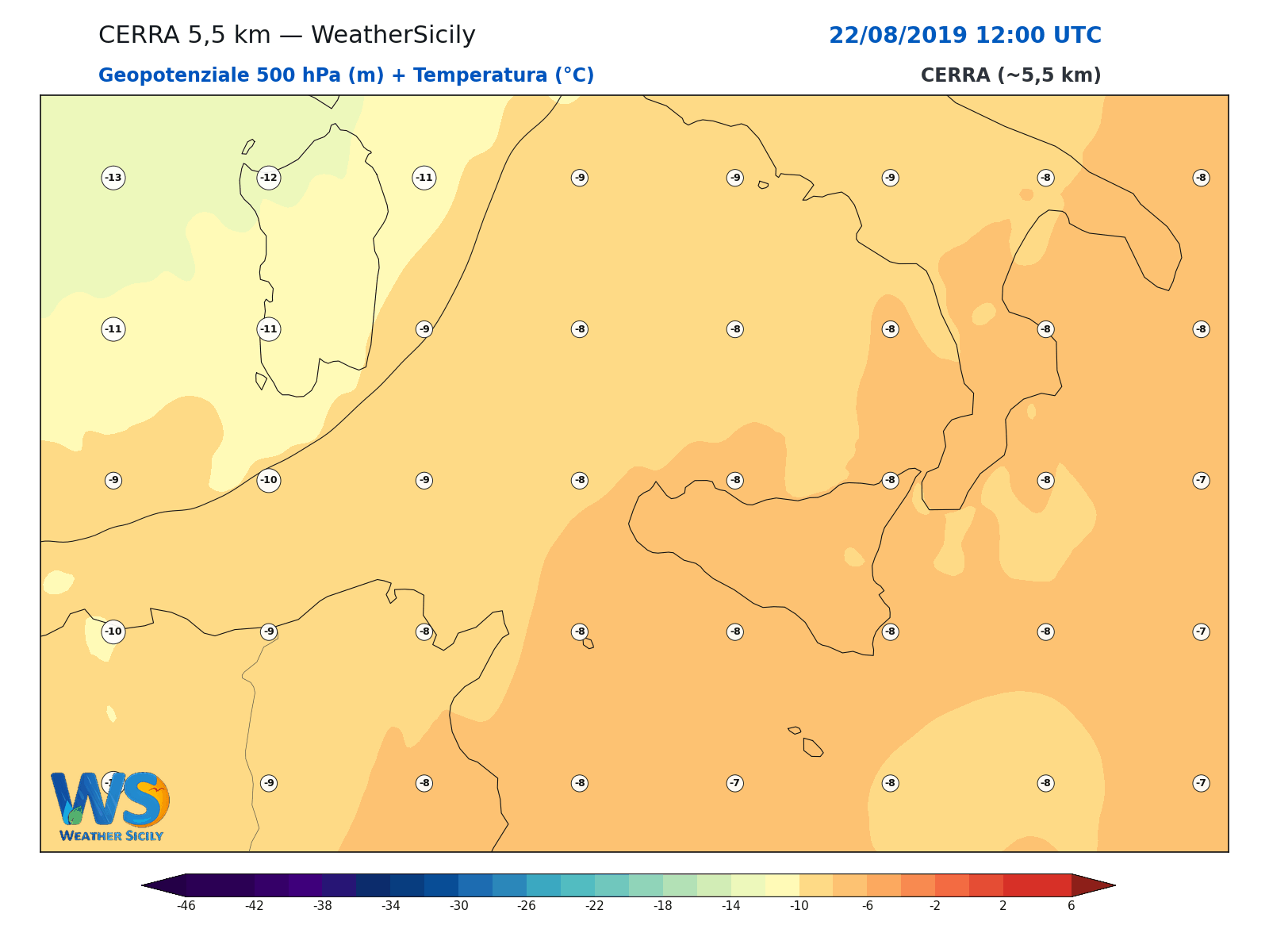 Geopotenziale 500 hPa + Temperatura · 2019082212