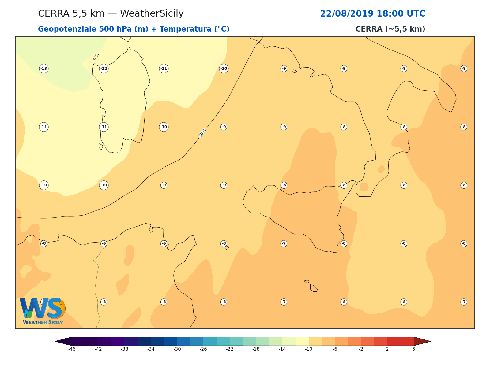 Geopotenziale 500 hPa + Temperatura · 2019082218