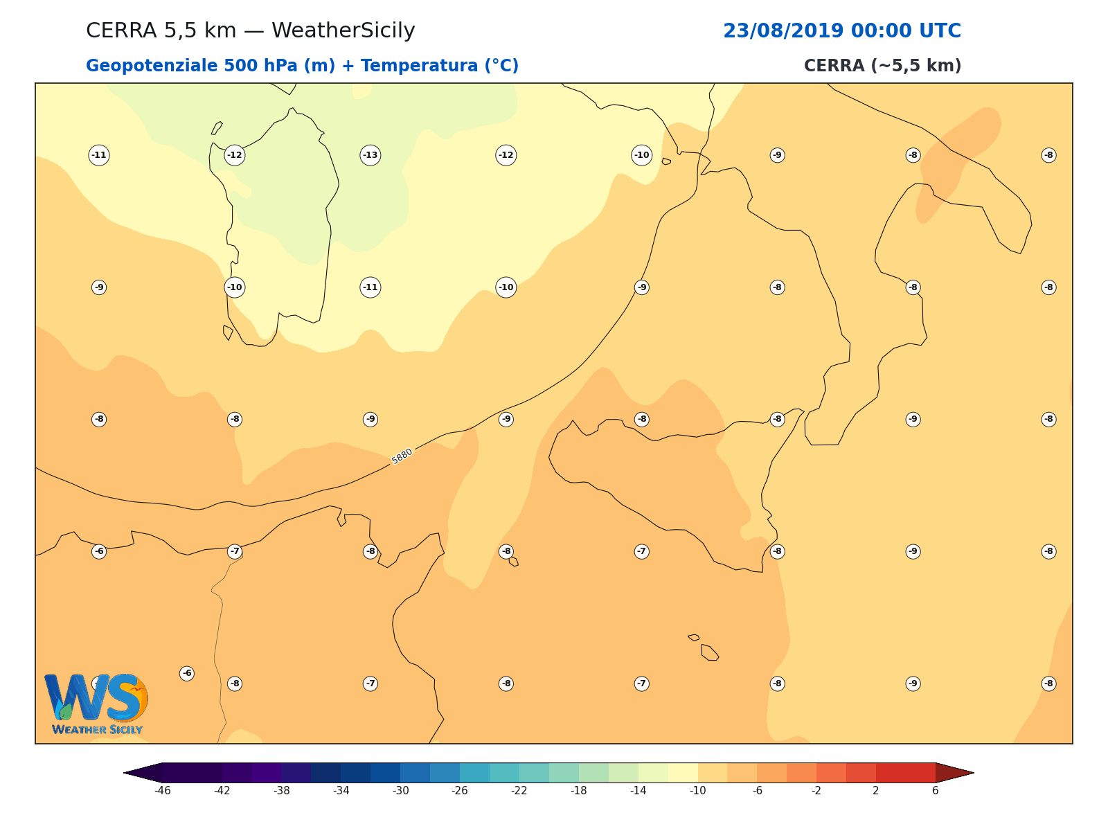 Geopotenziale 500 hPa + Temperatura · 2019082300