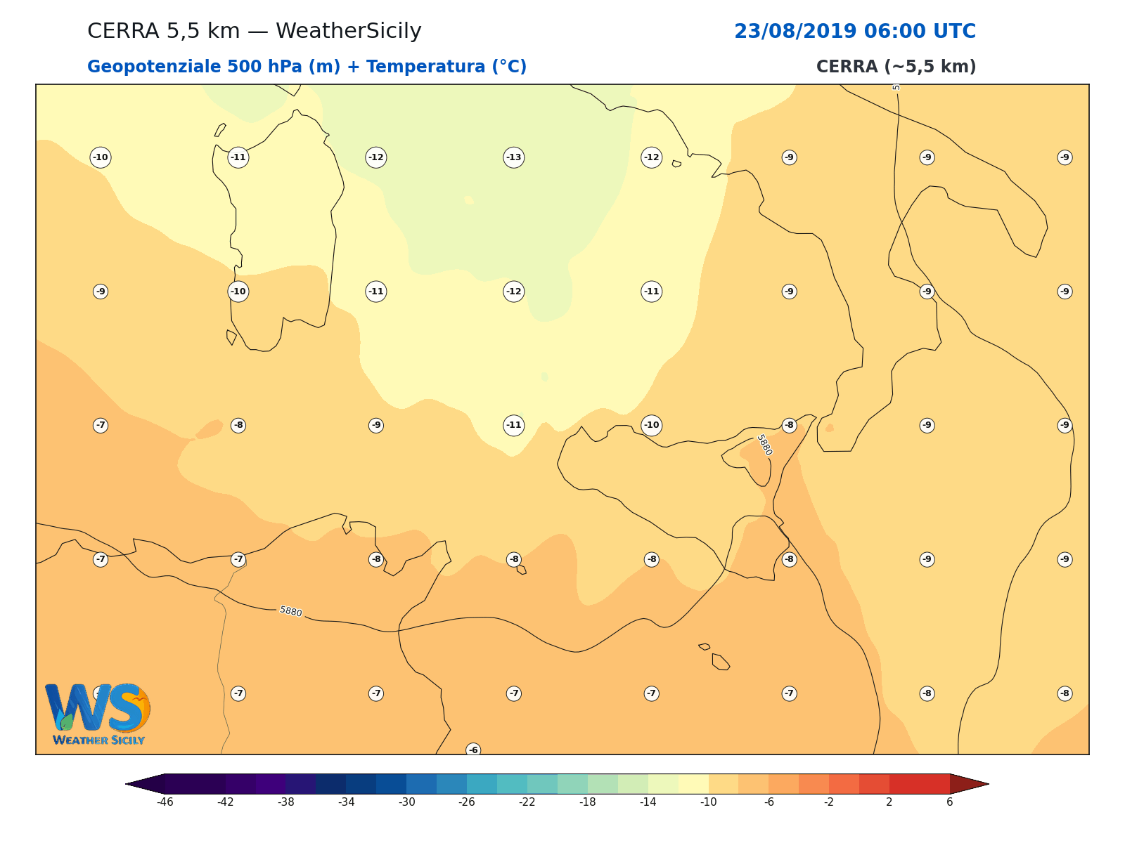 Geopotenziale 500 hPa + Temperatura · 2019082306