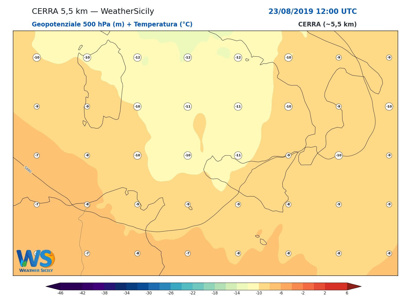 Geopotenziale 500 hPa + Temperatura · 2019082312