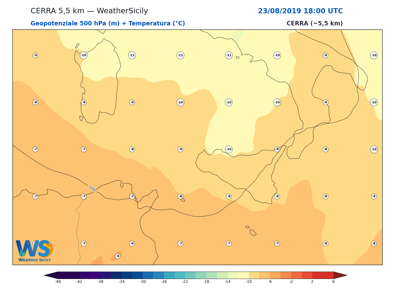 Geopotenziale 500 hPa + Temperatura · 2019082318