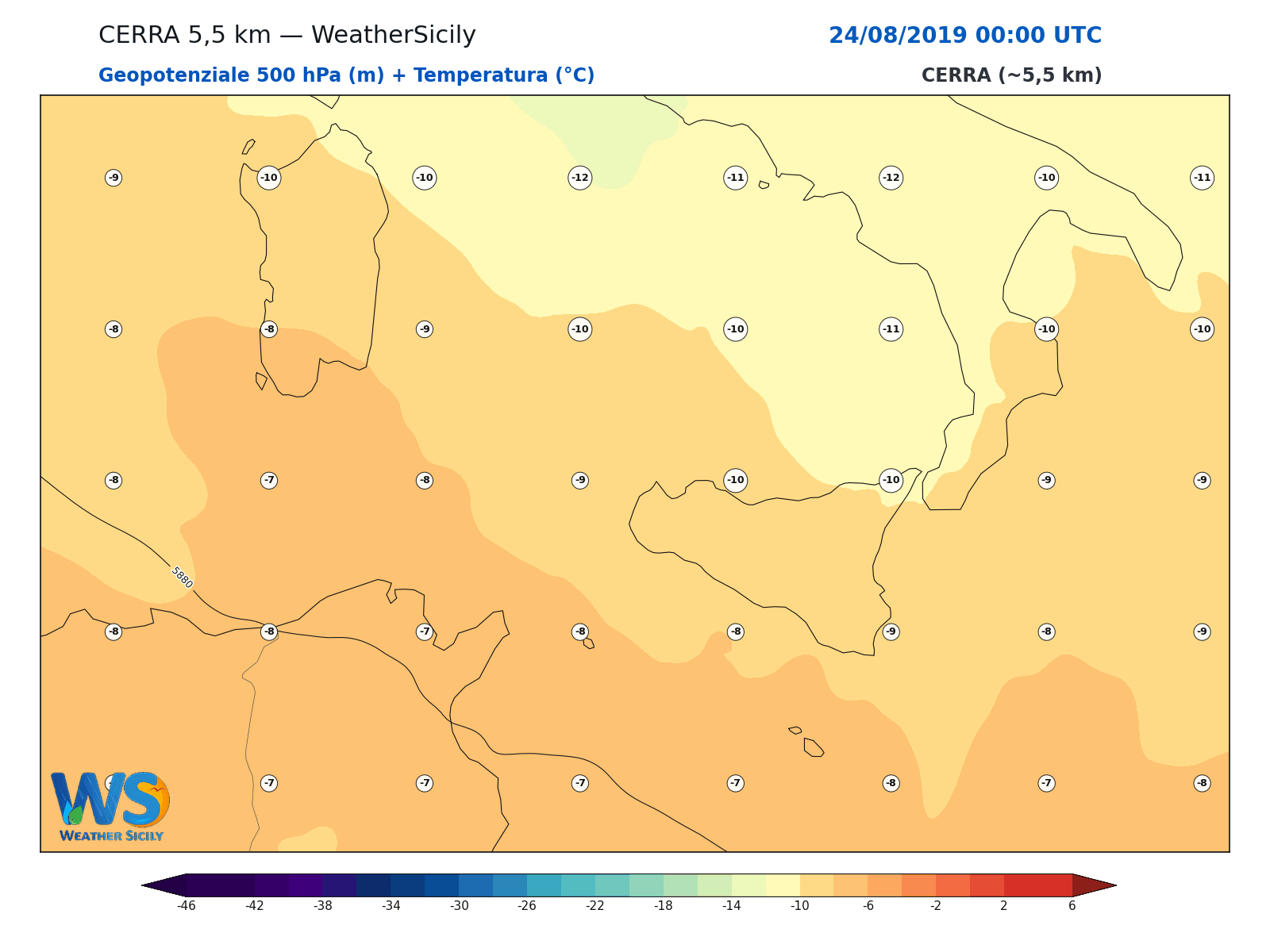 Geopotenziale 500 hPa + Temperatura · 2019082400