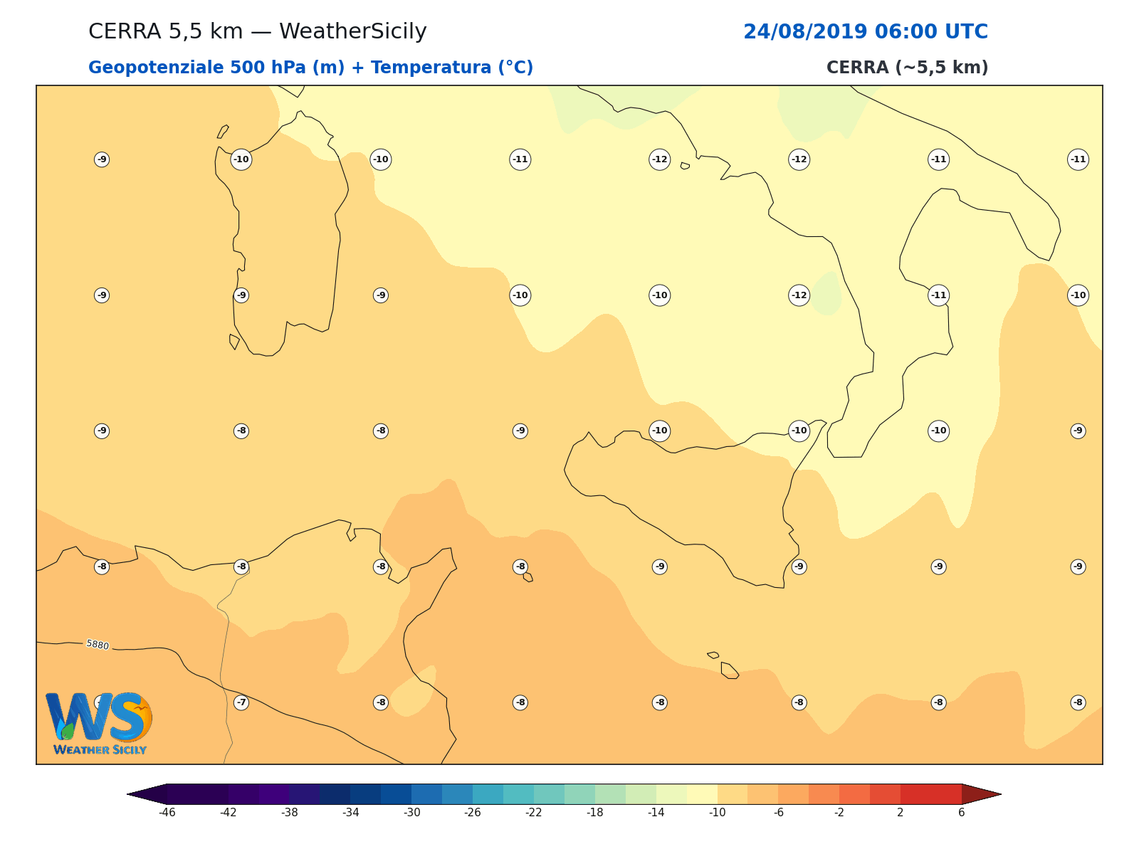 Geopotenziale 500 hPa + Temperatura · 2019082406