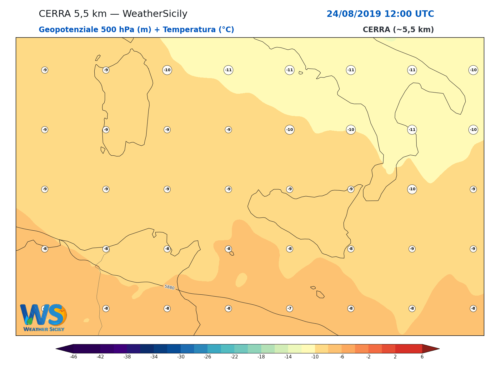 Geopotenziale 500 hPa + Temperatura · 2019082412