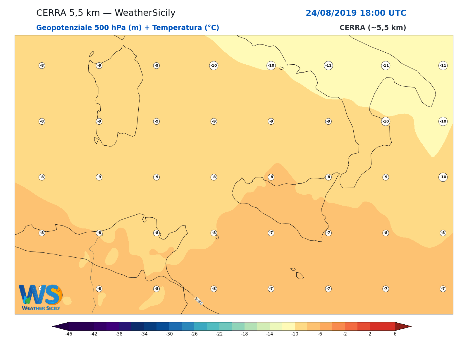 Geopotenziale 500 hPa + Temperatura · 2019082418