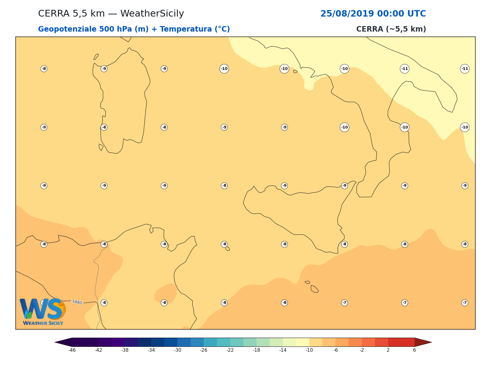 Geopotenziale 500 hPa + Temperatura · 2019082500