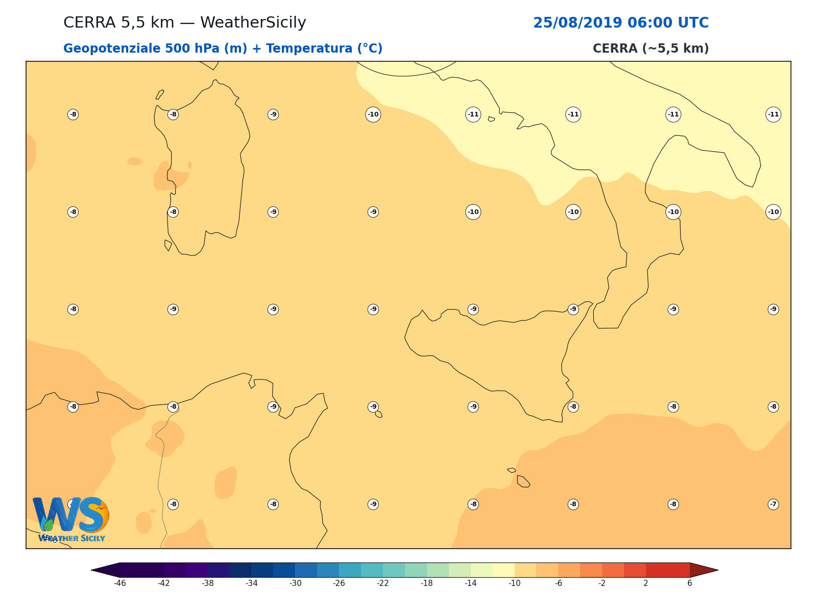 Geopotenziale 500 hPa + Temperatura · 2019082506