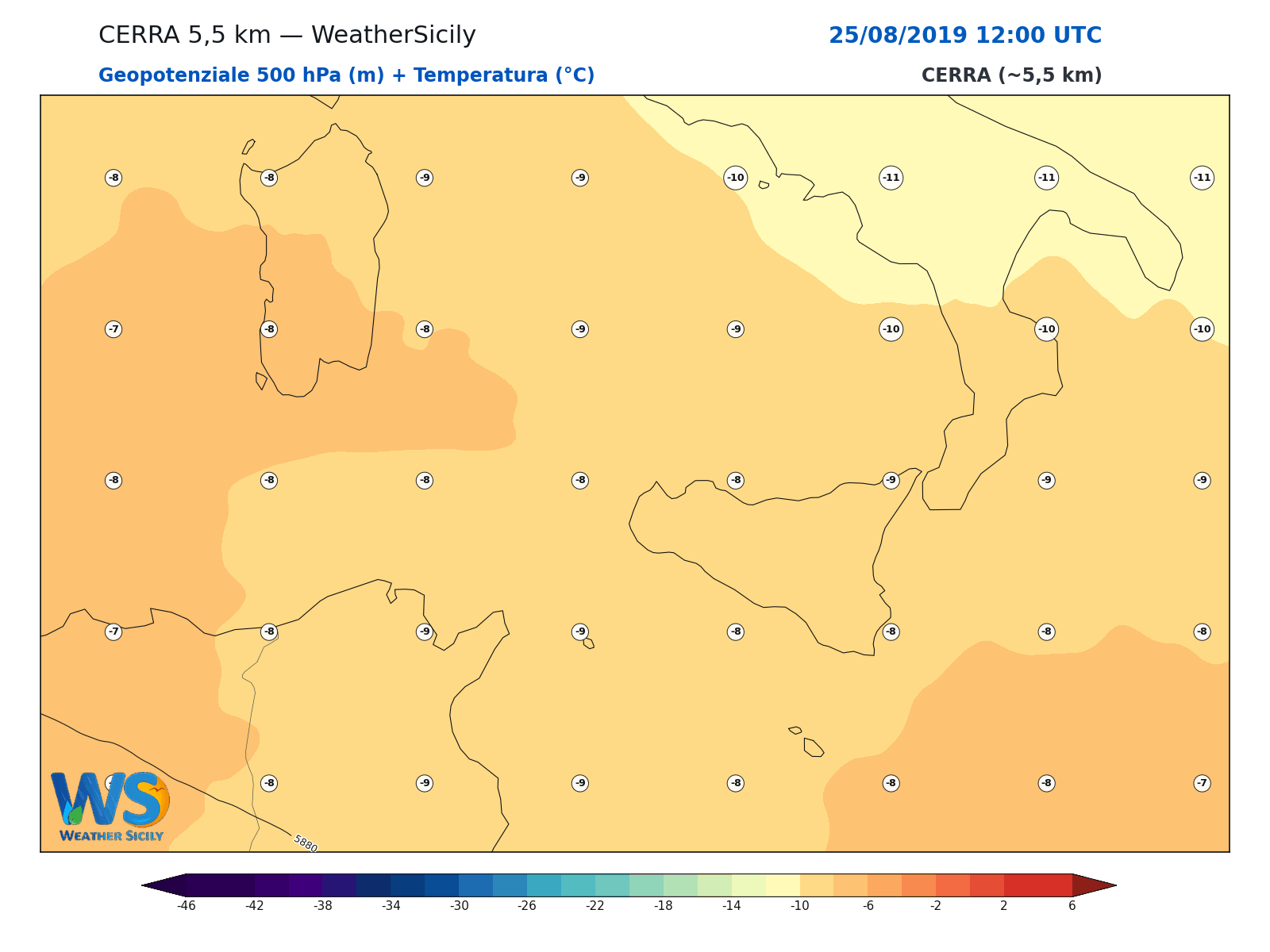 Geopotenziale 500 hPa + Temperatura · 2019082512